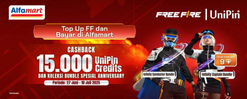 Anniversary Bundle Spesial dari Free Fire kembali hadir! Bonus Hingga 15Ribu UniPin Credits Top Up Diamond FF dan Bayar di Alfamart!